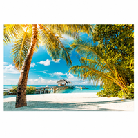 Impression murale de plage tropicale des Caraïbes, paysage marin avec cocotiers et îles, pour salon, hôtel, complexe hôtelier, intérieurs côtiers
