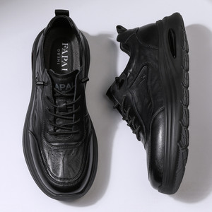 FAPAI Men Casual Shoes Black <b>Leather</b> Rubber Sole Flat Heel Comfortable Walking Style <b>Sneakers</b> - Product Image 1