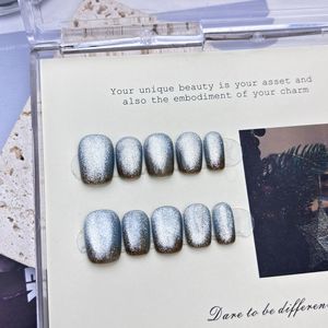 Nouveau produit lancé, Faux ongles à presser faits main, motif fleur de fin de printemps, plaqué or, effet œil de chat, prêts à poser - Product Image 4