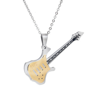 Collar con colgante de guitarra de acero inoxidable, negro con cadena plateada de 55 cm, para hombre, joyería de moda rock punk, regalo, uso diario - Product Image 5
