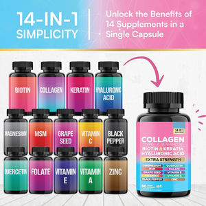 Integratore di Collagene Tipi I, II, III, V, X, Biotina, Cheratina, Acido Ialuronico 14-in-1, Integratore Alimentare per Adulti, 90 Capsule, Biologico - Product Image 6