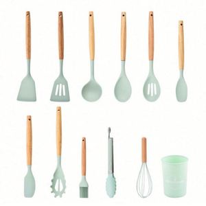 Raybin – Lot de 12 ustensiles de cuisine en silicone antiadhésif avec support, spatules et gadgets de pâtisserie à manche en bois – Vente en gros - Product Image 6
