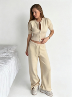Setelan Rajut Katun Wanita - Celana Slim-fit Model Prancis dengan Cardigan, Bernapas & Cepat Kering, Pakaian Kasual