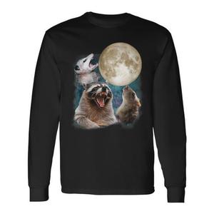 Camiseta de manga larga con estampado de tres opossums, mapaches y ratas que ronronan al luna - Product Image 1