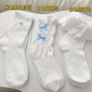 White Bow <b>Lace</b> <b>Socks</b> Mid Calf Women Sweet Cute JK Style Breathable Polyester Fiber Youth Fashion - Product Image 4
