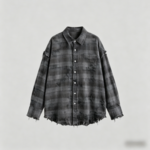 <span class=keywords><strong>Chemise</strong></span> en flanelle à carreaux surdimensionnée <span class=keywords><strong>pour</strong></span> <span class=keywords><strong>homme</strong></span> avec ourlet déchiré, style streetwear décontracté, manches longues, boutonnée - Product Image 4