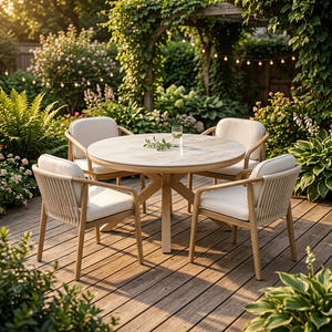 Outdoor Modern <b>Round</b> Dining <b>Table</b> Set with 4 Teak Chairs Cushioned Seating Wood <b>Garden</b> Furniture for Patio Terrace - Product Image 2