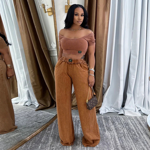 Ensemble pantalon d'été décontracté deux pièces stretch rétro avec col en <span class=keywords><strong>U</strong></span>, haut court, t-shirt et pantalon taille haute à jambes larges - Product Image 3