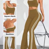 Ensemble de sport sans couture pour femme, couleur contrastante, soutien-gorge de fitness dos nu et pantalon évasé, leggings push-up respirants, tenue de yoga unie