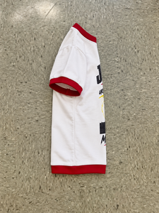 Camiseta Ringer para Hombre al por Mayor, Blanca con Ribete Rojo en Contraste, Estampado Gráfico Urbano Retro, Hombro Caído, Ajuste Holgado, de Algodón Casual - Product Image 2