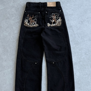جينز دينيم عالي الجودة بتطريز زهور الكرز الأسود، تصميم مخصص بخصر مرتفع، ملابس كاجوال للشارع بطابع عتيق - Product Image 3