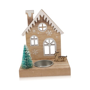 Wooden Cute House Shape <b>Ornaments</b> With <b>Tree</b> and Snowman Christmas Candlestick - Product Image 1