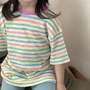 Conjunto de moda para <span class=keywords><strong>niñas</strong></span>, nuevos diseños coreanos para niños, Top de manga corta a rayas, pantalones cortos, <span class=keywords><strong>ropa</strong></span> de verano, 2023 - Product Image 5