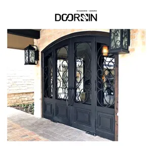 Cheap Security Exterior Front Double Entry Black Front Entrance Wrought Solid Iron Glass Door For House