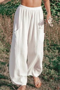 Relaxed Fit Elasticated Harem Barrel <b>Trousers</b> in <b>White</b> 100% <b>Linen</b> Casual Style for Lounging Travel Autumn Mid Waist India - Product Image 5
