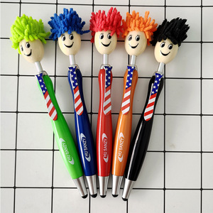 Bandiera americana cravatta Design cartone sorriso faccia bambola testa Touch Screen pulire penna a sfera con logo in plastica - Product Image 3