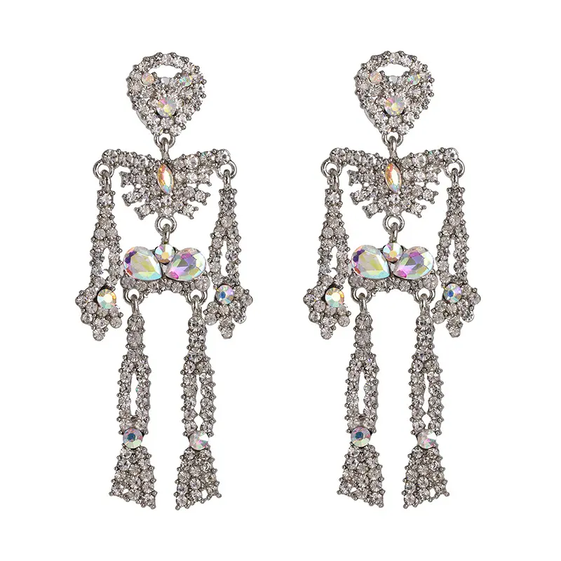 Fashion Retro Gothic Halloween Skeleton Skull Earrings Statement Full Rhinestone Earrings For Women Jewelry Exaggerated