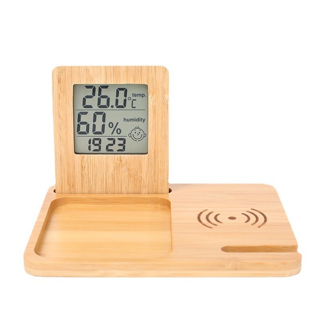 LCD Digital Bamboo Table Clock Wireless Charger Electronic Desk Table Clock with Temperature Humidity Wooden Alarm Clock