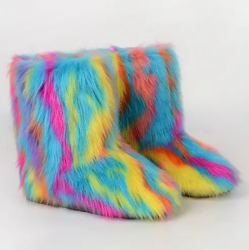 Sepatu Bot Salju Bulu Mongolia Imitasi Musim Dingin Mode Mewah Sepatu Bot Salju Bulu Mongolia Berbulu untuk Wanita Pria Wanita