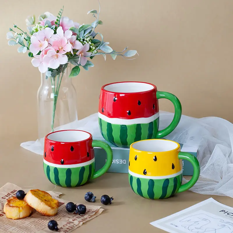 2024 Hot Sale 500ml Stoneware Ceramic Coffee Mug Eco-Friendly Hand Painted 3D Cartoon Watermelon Design Wholesale Cute Coffe