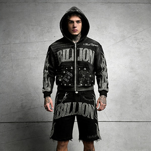 Ensemble Sur-Mesure Sweat à Capuche Délavé et Short, Tenue de Sport Streetwear Coupe Courte Dégraissée, Survêtement à Strass Effet Vieilli avec Sweat à Capuche Zippé et Pantalon de Survêtement - Product Image 3