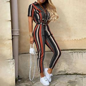 Combinaisons formelles manches courtes combinaison légère cravate taille <span class=keywords><strong>multicolore</strong></span> rayé barboteuse vêtements décontractés femmes salopette - Product Image 3