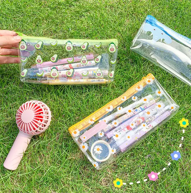 Vente en gros sac en pvc transparent sacs à crayons avec impression de logo personnalisé sacs en plastique transparents trousse à crayons pour enfants