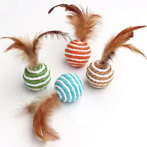Cute juguetes para gatos training Ball Interactive scratching colorful sisal rope Braided ball with feathered amused cat toys