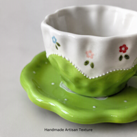 Ensemble tasse et soucoupe en céramique ondulée à motifs floraux peints à la main, 350 ml, vert, passe au lave-vaisselle et au micro-ondes, réutilisable, vaisselle de table pour le petit-déjeuner, cadeau