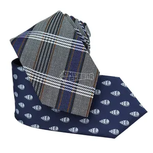 Fashionable Mens Navy Blue And White Tie Boat Jacquard Necktie Logo Silk Plaid Ties Wool Custom