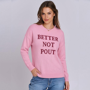 Pink Letter Jacquard Sweater Women Crew Neck Long Sleeve Knitted <b>Pullover</b> Casual <b>Jumper</b> Custom - Product Image 1