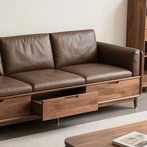 Ensemble de canapés en bois <span class=keywords><strong>massif</strong></span> de style chinois moderne minimaliste, bois de noyer noir, canapé en cuir en ligne droite pour salon - Product Image 4