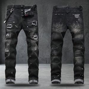 Men's Mid Waist Straight Jeans Ripped Hole Light <b>Washed</b> Stretch Denim Paint Spatter Casual Trousers Relaxed Fit Daily Wear Bulk - Product Image 4