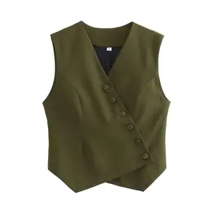 TAOP&ZA 2023 new autumn and winter style diagonal placket asymmetric vest vest top pocket decoration overalls trousers suit