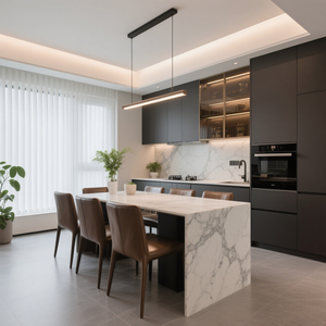 Aparatos eléctricos integrados y gabinetes de vidrio con tiras de luz emparejadas con encimeras de mármol Aparador gris - Product Image 4