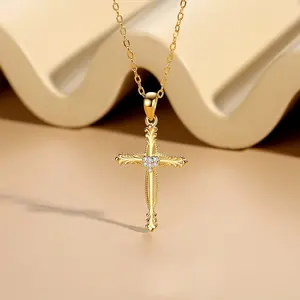 Wholesale Jewellery Rhodium Plated 925 Sterling Silver Cubic Zirconia Christian Jesus Link Chain Cross Pendant Necklace Women
