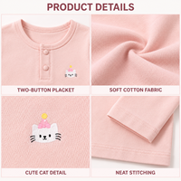T-shirt Henley à manches longues brodé chat personnalisé pour filles, sous-vêtement en coton pour tout-petits et enfants, haut pour enfants, vente en gros OEM ODM