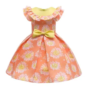 Kinderjurk 2023 Buitenlandse Handel Kinderkleding Zomer Nieuw Meisje Oranje Bloemenprint Geplooide Prinsessenjurk Rok
