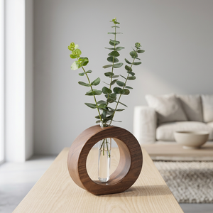 Vase à fleurs moderne en bois, tube en verre creux, décoration de bureau pour plantes hydroponiques, pour la maison et le bureau - Product Image 3