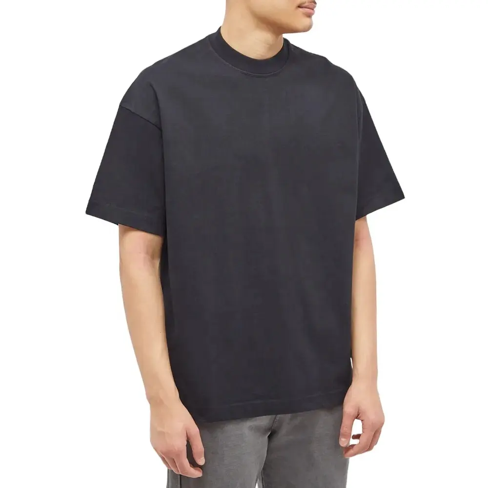 T-shirt tinta unita nera oversize girocollo all'ingrosso con Logo personalizzato in cotone 280 GSM di alta qualità