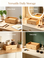 Organizador de Escritorio de Bambú con Cajón, Caja Multiusos para Maquillaje, Papelería, Baño, Oficina, Tocador