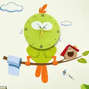 房间学校可爱现代设计手表创意卡通小鸟3D挂钟墙贴儿童装饰时钟生活