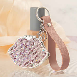 Lip Shaped Rhinestone <b>Compact</b> <b>Mirror</b> Keychain PU Leather Wristlet Strap Dual Sided Glass Pocket Makeup <b>Mirror</b> Bulk Custom Logo - Product Image 2