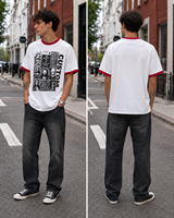 Camiseta Ringer Vintage Personalizada de 240GSM con Cuello Rib de Contraste y Estampado Gráfico, Manga Corta, Fabricante OEM
