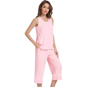 Conjunto de Pijama sin Mangas para Mujer, Personalizado, de Viscosa de Bambú, Pantalones Capri, Camiseta sin Mangas, Ropa de Dormir Fresca, Informal, de 2 Piezas - Product Image 1