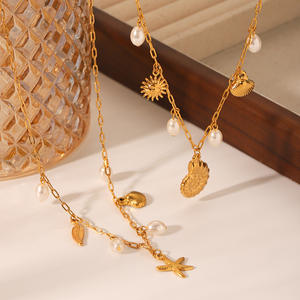 Ganku Trendy European and American Beach Style Stainless Steel Female <strong>Pearl</strong> <strong>Pendant</strong> <strong>Necklace</strong> Starfish Conch Shell Gift - Product Image 2
