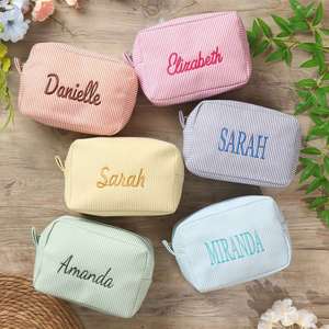 Personalized Custom Embroidered Striped Cotton Toiletry Bag European <b>Retro</b> Expanded Stowable Lightweight Durable Portable Makeup - Product Image 4