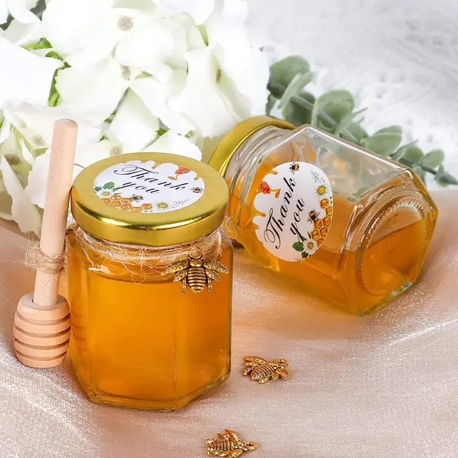 1.5 oz 3 oz Hexagon Jar de puro mel cru com mel de madeira Dipper & Esmalte Hexagon Charme-Personalizáveis DIY Party Favors