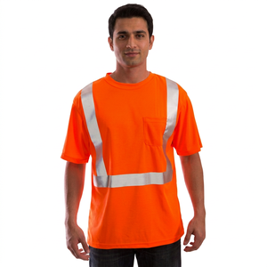 เสื้อผ้าทำงานนิรภัยสีส้ม เสื้อยืดนิรภัยสะท้อนแสงแบบมองเห็นได้ชัดเจน คอวี ผ้าโพลีเอสเตอร์ 100% กว้าง 5 ซม. สะท้อนแสงแบบ E-shine - Product Image 1