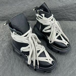 Bottines de luxe pour femmes et hommes, en cuir véritable, à lacets, à semelle épaisse, baskets décontractées tendance - Product Image 3